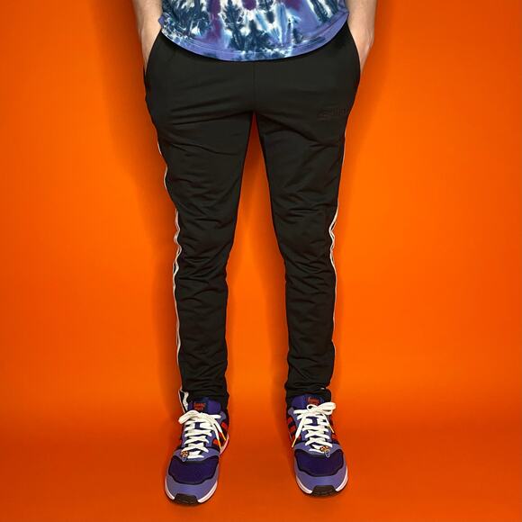 Adidas Sweatpants Jet Black Polyester Joggers White 3 Stripes - Picture 2 of 4